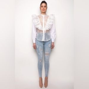 Akira Krista Ruffle Button Down Blouse, White, Size Large